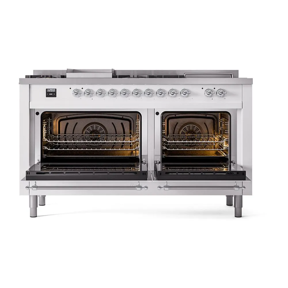 Ilve UN60FSQNMPWHC Ilve Un60Fsqnmpwhc Nostalgie Ii Noblesse 60" Dual Fuel Range (7 Sealed Burners   Griddle   French Top, Natural Gas, Solid Door, White, Chrome)