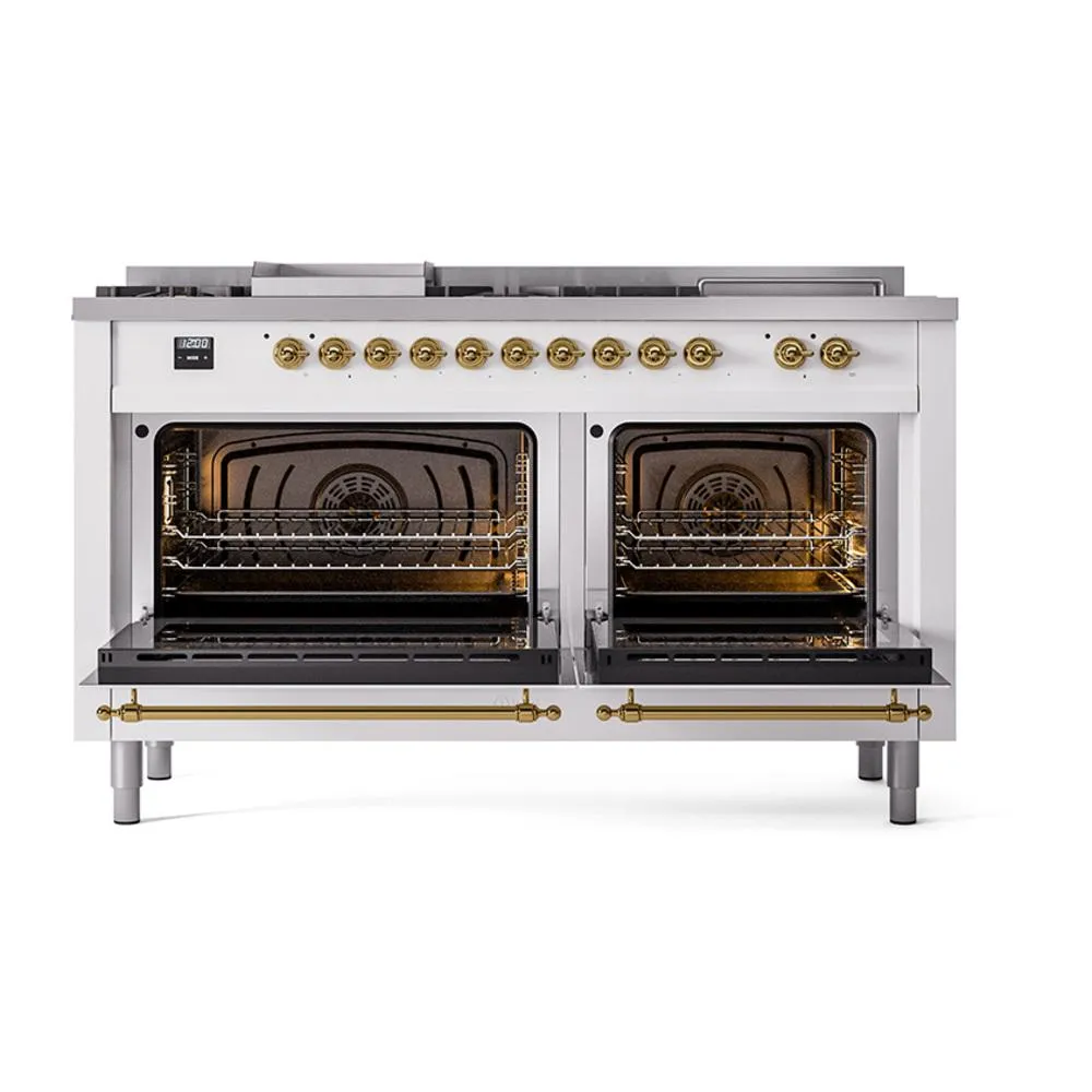 Ilve UN60FSQNMPWHGLP Ilve Un60Fsqnmpwhglp Nostalgie Ii Noblesse 60" Dual Fuel Range (7 Sealed Burners   Griddle   French Top, Liquid Propane, Solid Door, White, Brass)