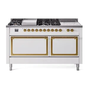 Ilve UN60FSQNMPWHGLP Ilve Un60Fsqnmpwhglp Nostalgie Ii Noblesse 60" Dual Fuel Range (7 Sealed Burners   Griddle   French Top, Liquid Propane, Solid Door, White, Brass) Professional Ranges dual fuel professional range 36 inch