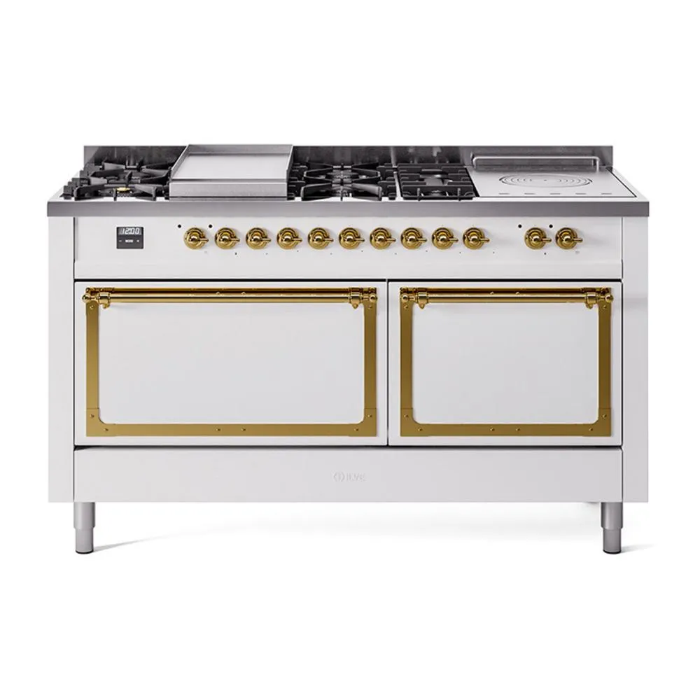 Ilve UN60FSQNMPWHGLP Ilve Un60Fsqnmpwhglp Nostalgie Ii Noblesse 60" Dual Fuel Range (7 Sealed Burners   Griddle   French Top, Liquid Propane, Solid Door, White, Brass) Professional Ranges dual fuel professional range 36 inch