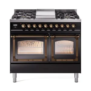 Ilve UND40FNMPBKBLP Ilve Und40Fnmpbkblp Nostalgie Ii Noblesse 40" Dual Fuel Range (Liquid Propane, Triple Glass Door, Glossy Black, Burnished) Freestanding Ranges freestanding dual fuel range 30 inch