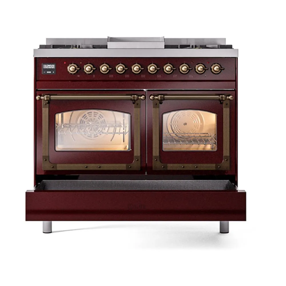 Ilve UND40FNMPBUB Ilve Und40Fnmpbub Nostalgie Ii Noblesse 40" Dual Fuel Range (Natural Gas, Triple Glass Door, Burgundy, Burnished)