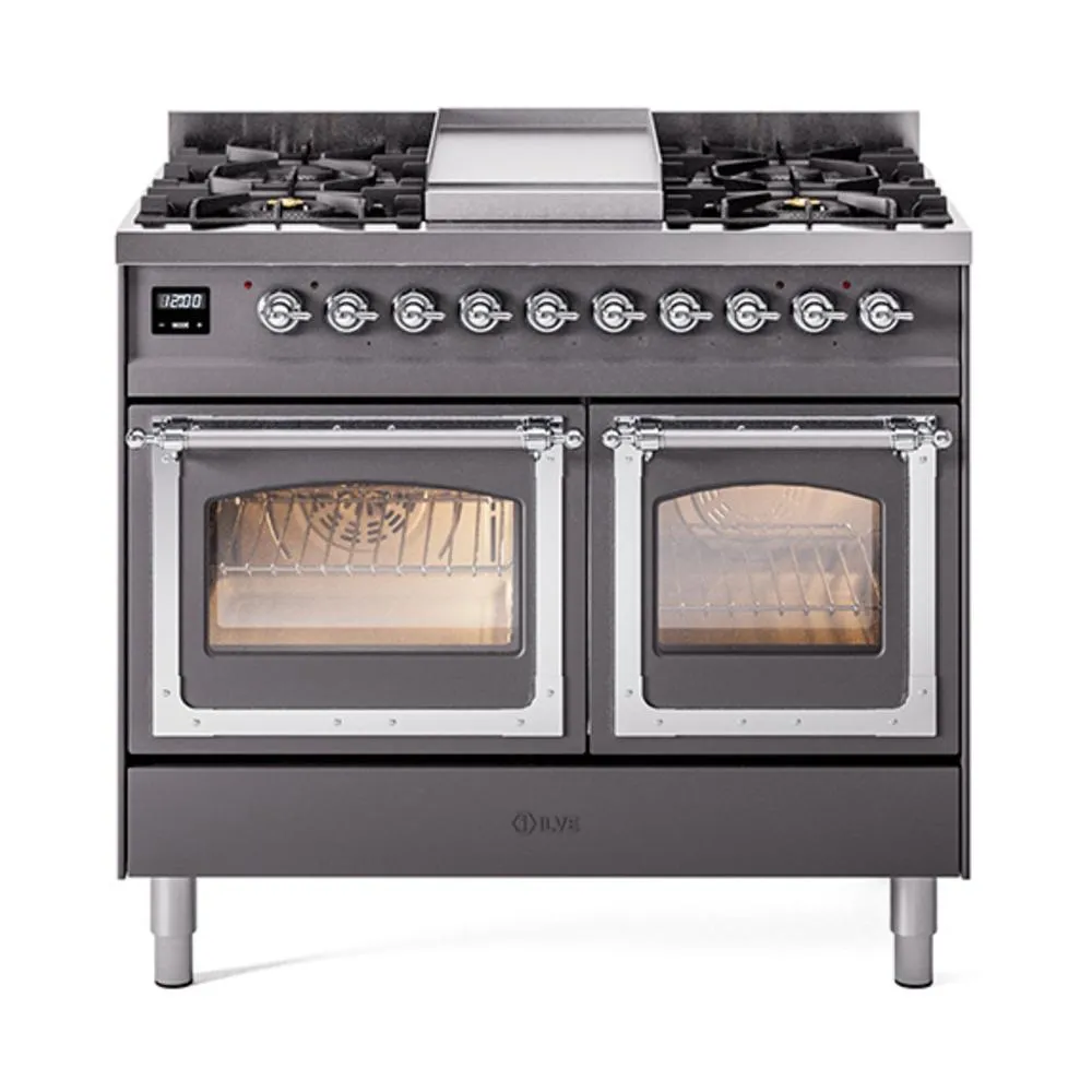 Ilve UND40FNMPMGCLP Ilve Und40Fnmpmgclp Nostalgie Ii Noblesse 40" Dual Fuel Range (Liquid Propane, Triple Glass Door, Graphite Matte, Chrome) Freestanding Ranges freestanding dual fuel range 30 inch