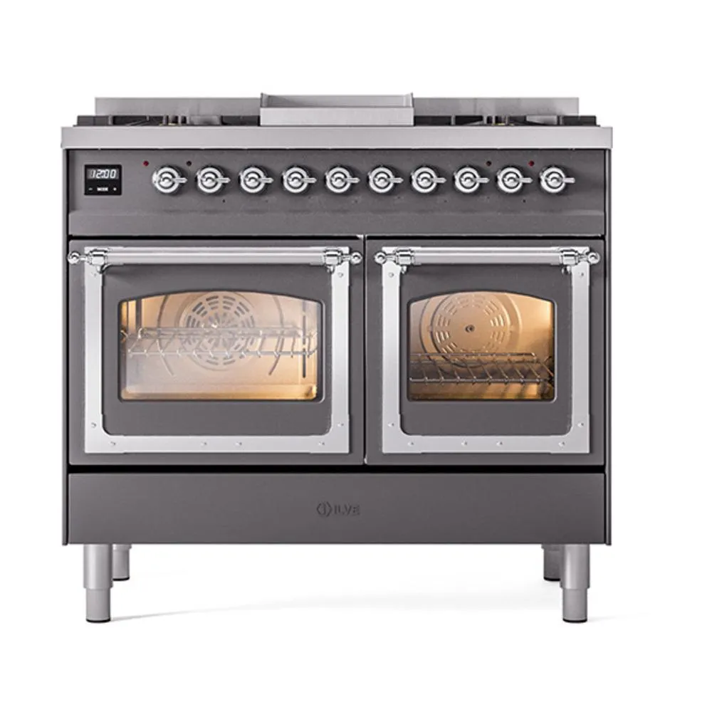 Ilve UND40FNMPMGCLP Ilve Und40Fnmpmgclp Nostalgie Ii Noblesse 40" Dual Fuel Range (Liquid Propane, Triple Glass Door, Graphite Matte, Chrome)