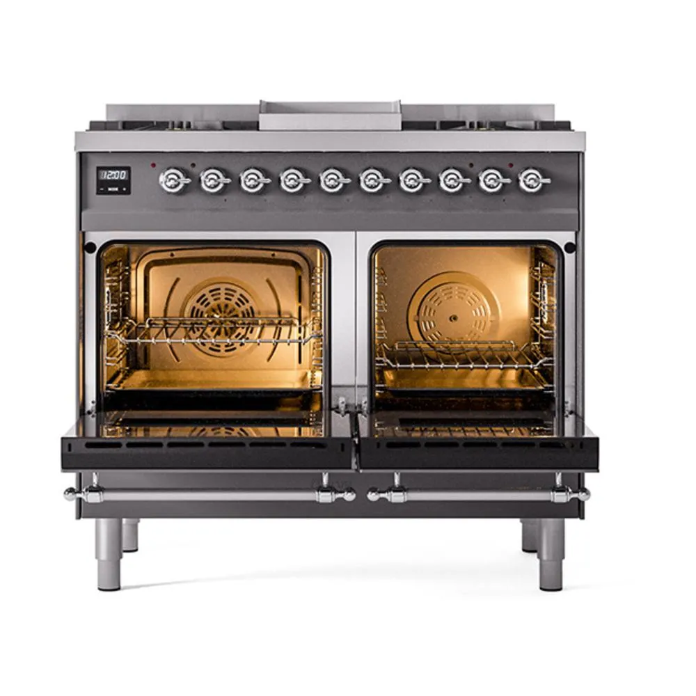 Ilve UND40FNMPMGCLP Ilve Und40Fnmpmgclp Nostalgie Ii Noblesse 40" Dual Fuel Range (Liquid Propane, Triple Glass Door, Graphite Matte, Chrome)