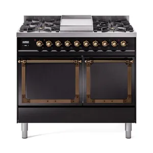 Ilve UND40FQNMPBKBLP Ilve Und40Fqnmpbkblp Nostalgie Ii Noblesse 40" Dual Fuel Range (Liquid Propane, Solid Door, Glossy Black, Burnished) Freestanding Ranges freestanding dual fuel range 30 inch
