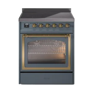 Ilve UNI304NMPBGG Ilve Uni304Nmpbgg Nostalgie Ii Noblesse 30" Induction Range (Triple Glass Door, Blue Grey, Brass) Freestanding Ranges freestanding dual fuel range 30 inch