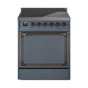 Ilve UNI304QNMPBGB Ilve Uni304Qnmpbgb Nostalgie Ii Noblesse 30" Induction Range (Solid Door, Blue Grey, Burnished) Freestanding Ranges freestanding dual fuel range 30 inch