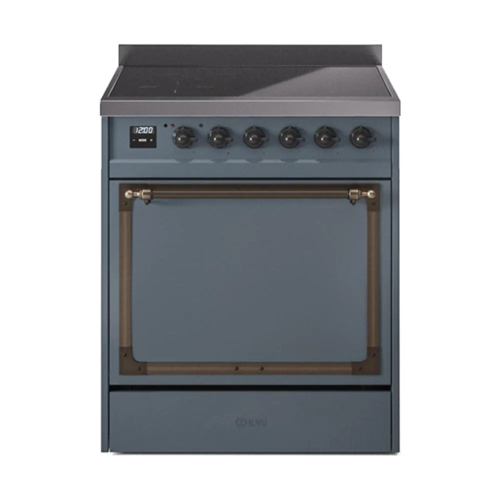 Ilve UNI304QNMPBGB Ilve Uni304Qnmpbgb Nostalgie Ii Noblesse 30" Induction Range (Solid Door, Blue Grey, Burnished) Freestanding Ranges freestanding dual fuel range 30 inch