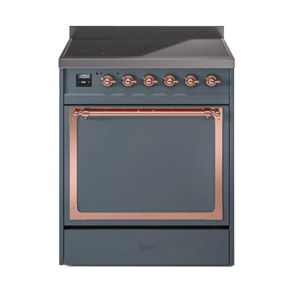 Ilve UNI304QNMPBGP Ilve Uni304Qnmpbgp Nostalgie Ii Noblesse 30" Induction Range (Solid Door, Blue Grey, Copper) Freestanding Ranges freestanding dual fuel range 30 inch