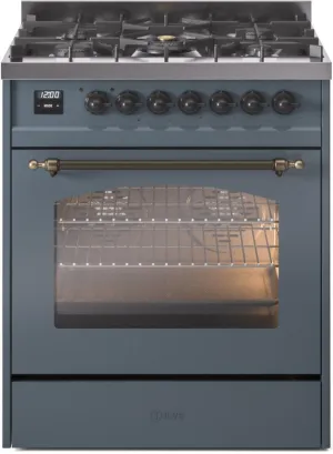 Ilve UP30NMPBGB Nostalgie Ii 30 Inch Dual Fuel Natural Gas Freestanding Range In Blue Grey With Bronze Trim Freestanding Ranges freestanding dual fuel range 30 inch