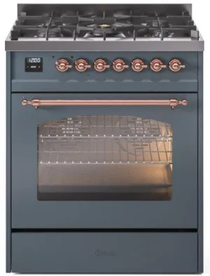 Ilve UP30NMPBGP Nostalgie Ii 30 Inch Dual Fuel Natural Gas Freestanding Range In Blue Grey With Copper Trim Freestanding Ranges freestanding dual fuel range 30 inch