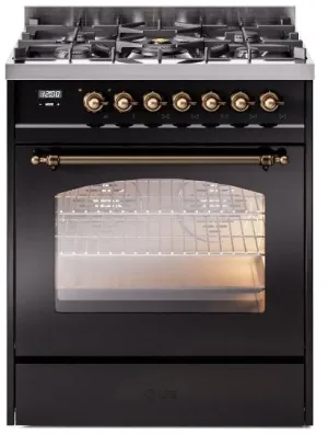 Ilve UP30NMPBKBLP Nostalgie Ii 30 Inch Dual Fuel Liquid Propane Freestanding Range In Glossy Black With Bronze Trim Freestanding Ranges freestanding dual fuel range 30 inch
