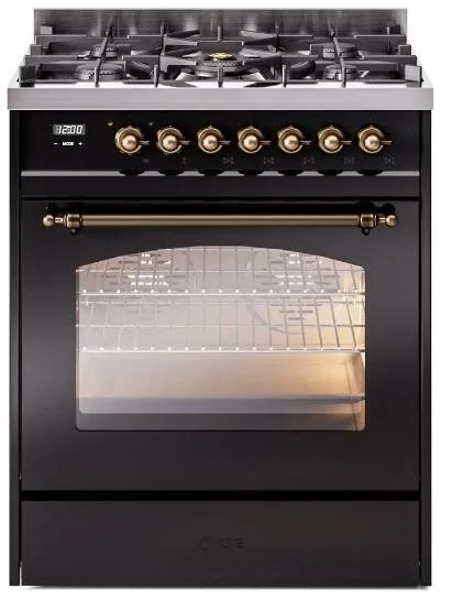 Ilve UP30NMPBKBLP Nostalgie Ii 30 Inch Dual Fuel Liquid Propane Freestanding Range In Glossy Black With Bronze Trim Freestanding Ranges freestanding dual fuel range 30 inch