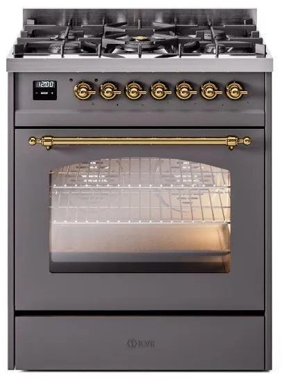 Ilve UP30NMPMGGLP Nostalgie Ii 30 Inch Dual Fuel Liquid Propane Freestanding Range In Matte Graphite With Brass Trim Freestanding Ranges freestanding dual fuel range 30 inch