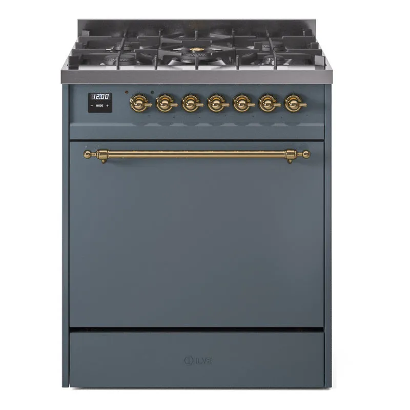 Ilve UP30QNMPBGG Nostalgie Ii 30 Inch Dual Fuel Natural Gas Freestanding Range In Blue Grey With Brass Trim Freestanding Ranges freestanding dual fuel range 30 inch