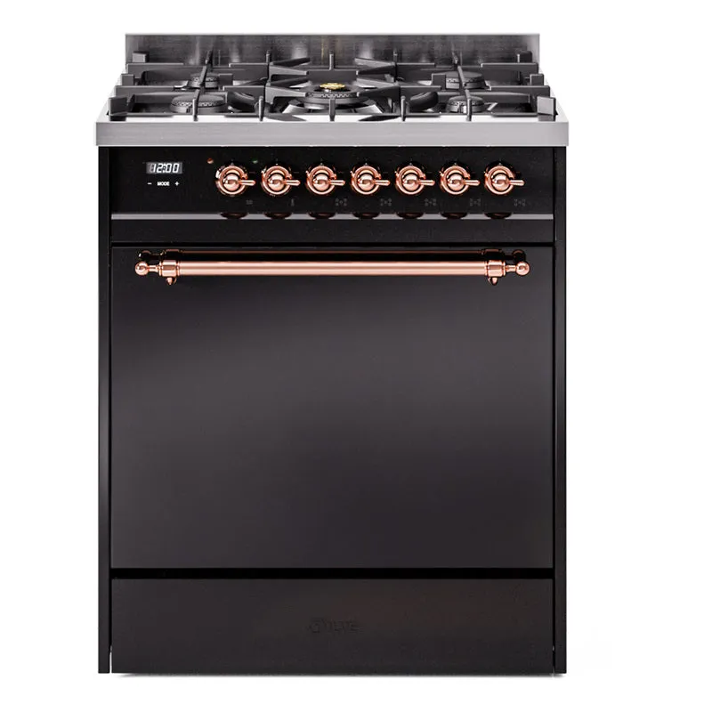 Ilve UP30QNMPBKP Nostalgie Ii 30 Inch Dual Fuel Natural Gas Freestanding Range In Black With Copper Trim Freestanding Ranges freestanding dual fuel range 30 inch