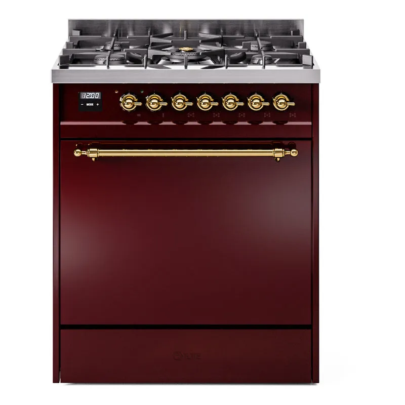 Ilve UP30QNMPBUGLP Nostalgie Ii 30 Inch Dual Fuel Liquid Propane Freestanding Range In Burgundy With Brass Trim Freestanding Ranges freestanding dual fuel range 30 inch