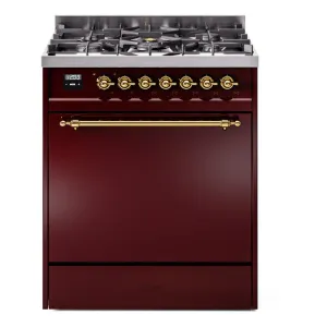 Ilve UP30QNMPBUGLP Nostalgie Ii 30 Inch Dual Fuel Liquid Propane Freestanding Range In Burgundy With Brass Trim Freestanding Ranges freestanding dual fuel range 30 inch