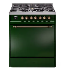 Ilve UP30QNMPEGB Nostalgie Ii 30 Inch Dual Fuel Natural Gas Freestanding Range In Emerald Green With Bronze Trim Freestanding Ranges freestanding dual fuel range 30 inch