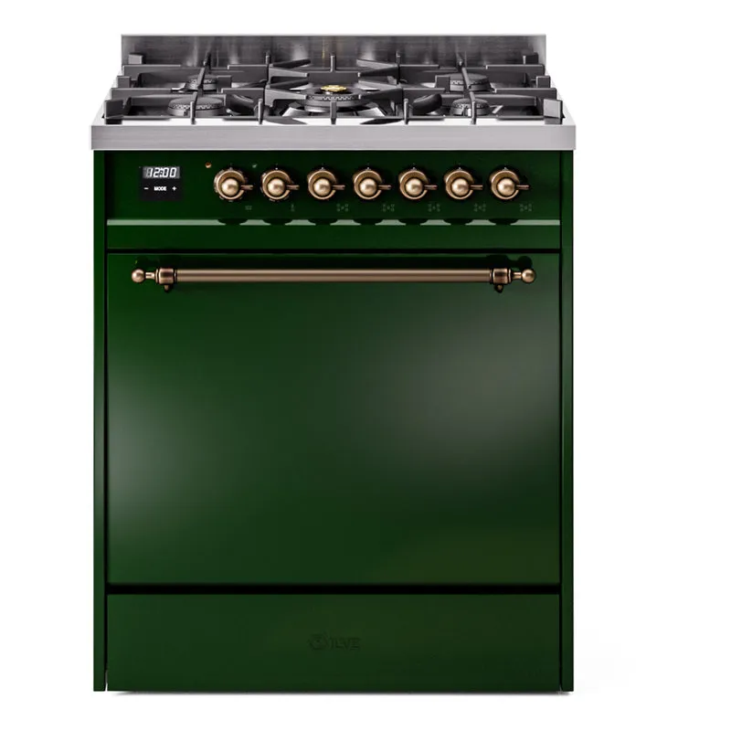 Ilve UP30QNMPEGB Nostalgie Ii 30 Inch Dual Fuel Natural Gas Freestanding Range In Emerald Green With Bronze Trim Freestanding Ranges freestanding dual fuel range 30 inch