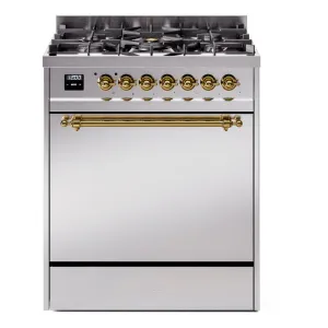 Ilve UP30QNMPSSGLP Nostalgie Ii 30 Inch Dual Fuel Liquid Propane Freestanding Range In Stainless Steel With Brass Trim Freestanding Ranges freestanding dual fuel range 30 inch