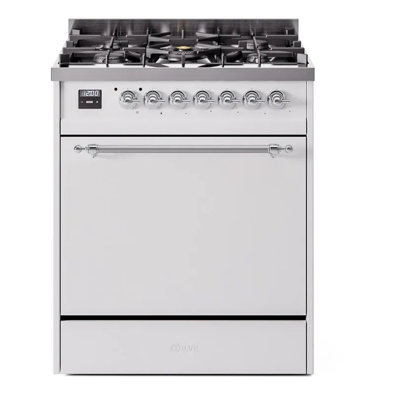 Ilve UP30QNMPWHC Nostalgie Ii 30 Inch Dual Fuel Natural Gas Freestanding Range In White With Chrome Trim Freestanding Ranges freestanding dual fuel range 30 inch