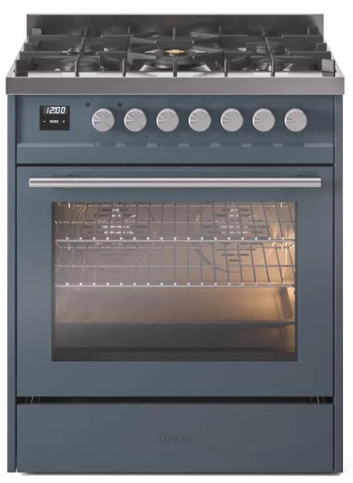 Ilve UP30WMPBGLP Professional Plus Ii 30 Inch Dual Fuel Liquid Propane Freestanding Range In Blue Grey With Trim Professional Ranges 6 burner professional gas range