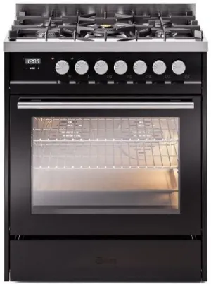 Ilve UP30WMPBK Professional Plus Ii 30 Inch Dual Fuel Natural Gas Freestanding Range In Glossy Black With Trim Professional Ranges 6 burner professional gas range