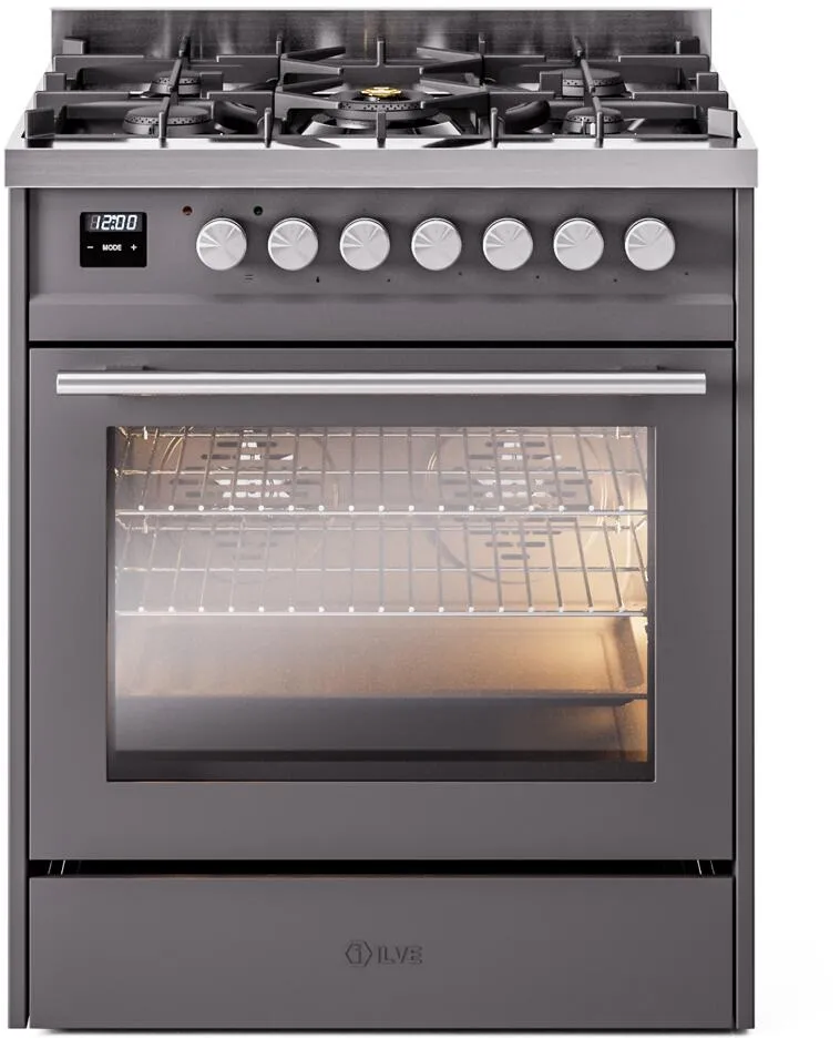 Ilve UP30WMPMGLP Professional Plus Ii 30 Inch Dual Fuel Liquid Propane Freestanding Range In Matte Graphite With Trim Professional Ranges 6 burner professional gas range