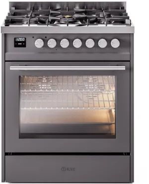 Ilve UP30WMPMGLP Professional Plus Ii 30 Inch Dual Fuel Liquid Propane Freestanding Range In Matte Graphite With Trim Professional Ranges 6 burner professional gas range