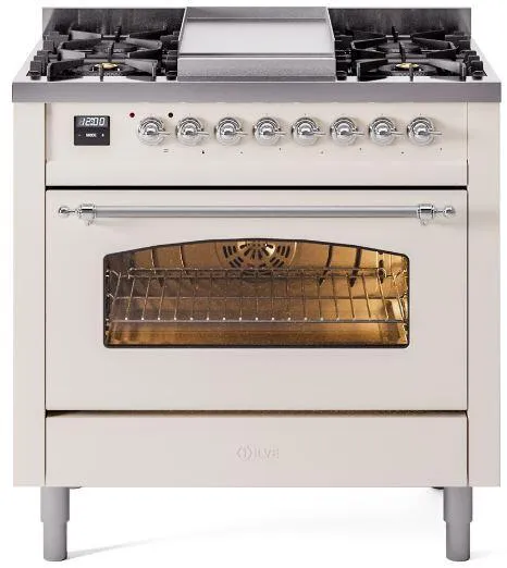 Ilve UP36FNMPAWC Nostalgie Ii 36 Inch Dual Fuel Natural Gas Freestanding Range In Antique White With Chrome Trim Professional Ranges 6 burner professional gas range