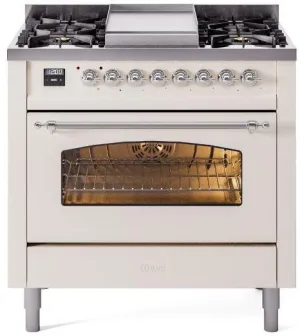 Ilve UP36FNMPAWCLP Nostalgie Ii 36 Inch Dual Fuel Liquid Propane Freestanding Range In Antique White With Chrome Trim Professional Ranges 6 burner professional gas range
