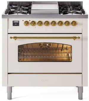 Ilve UP36FNMPAWGLP Nostalgie Ii 36 Inch Dual Fuel Liquid Propane Freestanding Range In Antique White With Brass Trim Professional Ranges 6 burner professional gas range