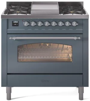 Ilve UP36FNMPBGCLP Nostalgie Ii 36 Inch Dual Fuel Liquid Propane Freestanding Range In Blue Grey With Chrome Trim Professional Ranges 6 burner professional gas range
