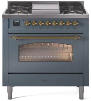 Ilve UP36FNMPBGGLP Nostalgie Ii 36 Inch Dual Fuel Liquid Propane Freestanding Range In Blue Grey With Brass Trim Professional Ranges 6 burner professional gas range