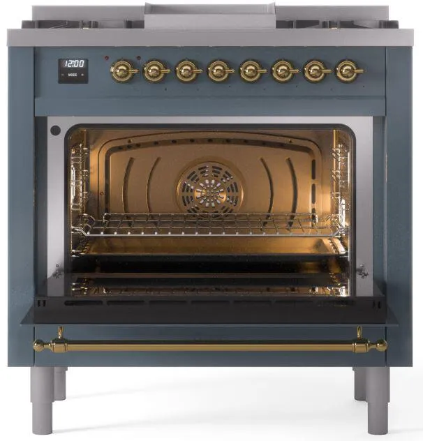 Ilve UP36FNMPBGGLP Nostalgie Ii 36 Inch Dual Fuel Liquid Propane Freestanding Range In Blue Grey With Brass Trim