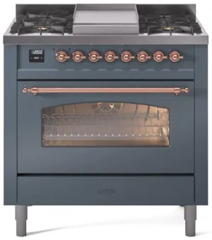 Ilve UP36FNMPBGP Nostalgie Ii 36 Inch Dual Fuel Natural Gas Freestanding Range In Blue Grey With Copper Trim Professional Ranges 6 burner professional gas range