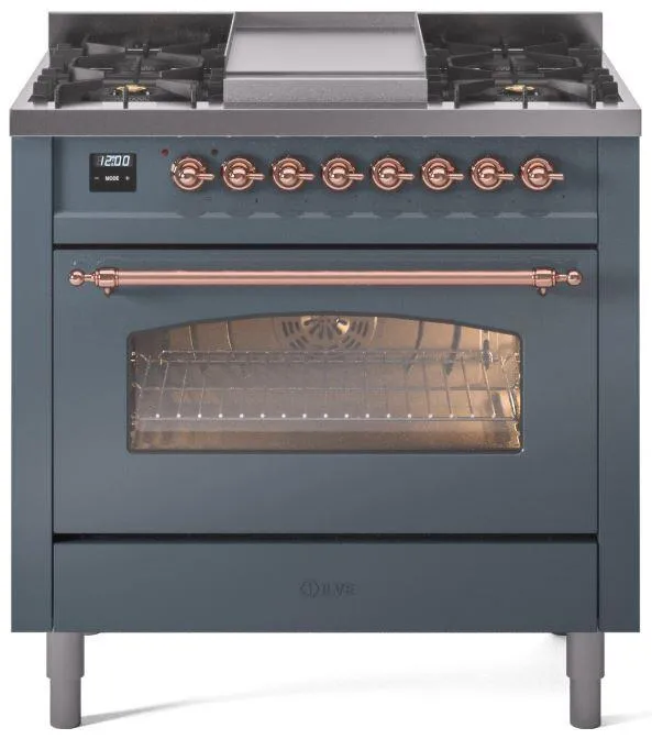 Ilve UP36FNMPBGPLP Nostalgie Ii 36 Inch Dual Fuel Liquid Propane Freestanding Range In Blue Grey With Copper Trim Professional Ranges 6 burner professional gas range