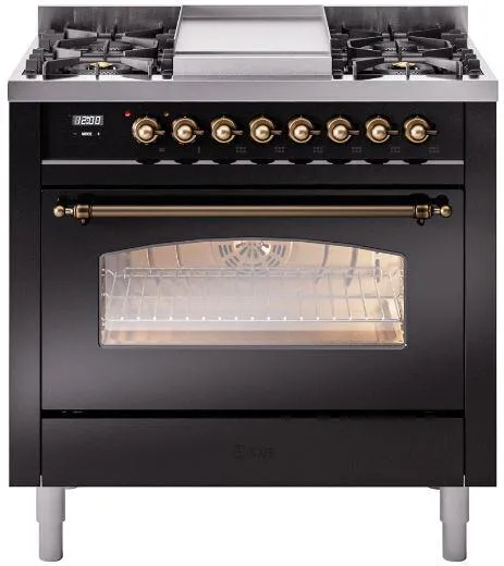 Ilve UP36FNMPBKB Nostalgie Ii 36 Inch Dual Fuel Natural Gas Freestanding Range In Glossy Black With Bronze Trim Professional Ranges 6 burner professional gas range