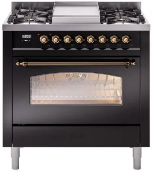 Ilve UP36FNMPBKB Nostalgie Ii 36 Inch Dual Fuel Natural Gas Freestanding Range In Glossy Black With Bronze Trim Professional Ranges 6 burner professional gas range