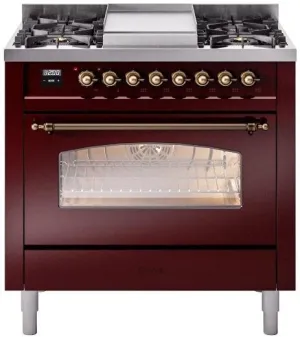 Ilve UP36FNMPBUB Nostalgie Ii 36 Inch Dual Fuel Natural Gas Freestanding Range In Burgundy With Bronze Trim Professional Ranges 6 burner professional gas range