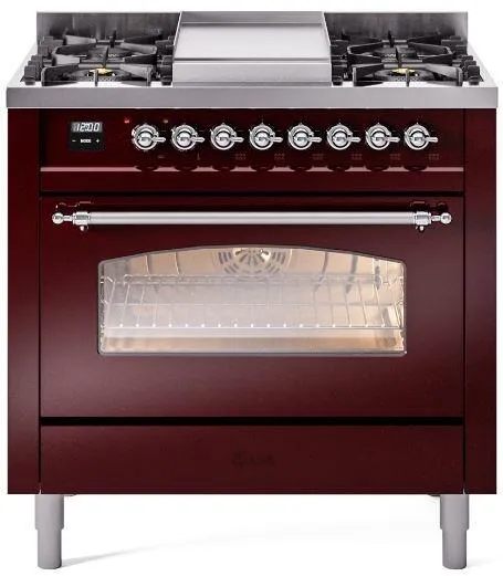 Ilve UP36FNMPBUC Nostalgie Ii 36 Inch Dual Fuel Natural Gas Freestanding Range In Burgundy With Chrome Trim Professional Ranges 6 burner professional gas range