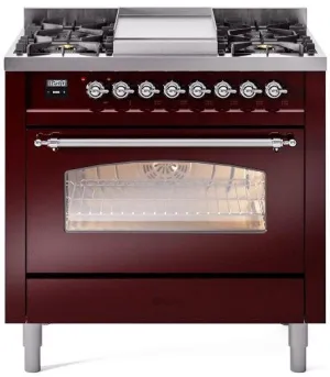 Ilve UP36FNMPBUCLP Nostalgie Ii 36 Inch Dual Fuel Liquid Propane Freestanding Range In Burgundy With Chrome Trim Professional Ranges 6 burner professional gas range