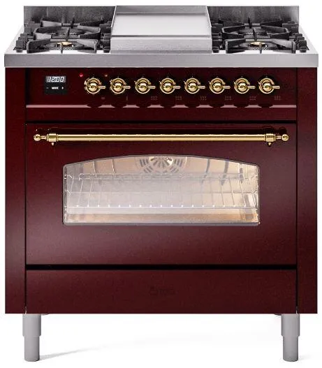 Ilve UP36FNMPBUG Nostalgie Ii 36 Inch Dual Fuel Natural Gas Freestanding Range In Burgundy With Brass Trim Professional Ranges 6 burner professional gas range