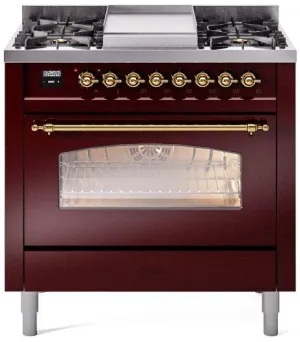 Ilve UP36FNMPBUG Nostalgie Ii 36 Inch Dual Fuel Natural Gas Freestanding Range In Burgundy With Brass Trim Professional Ranges 6 burner professional gas range