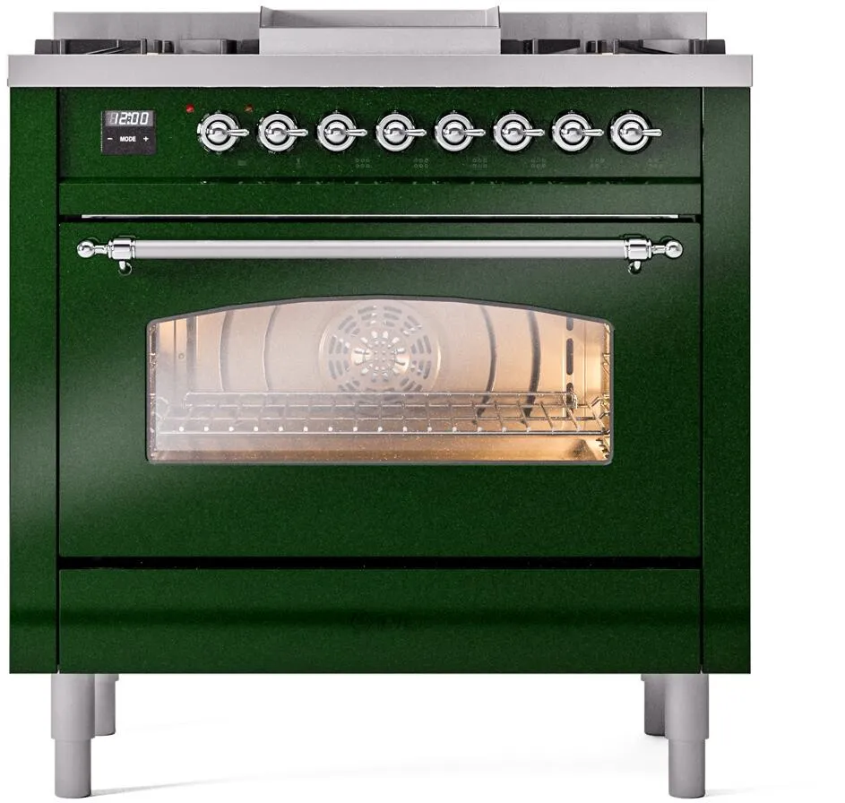 Ilve UP36FNMPEGCLP Nostalgie Ii 36 Inch Dual Fuel Liquid Propane Freestanding Range In Emerald Green With Chrome Trim