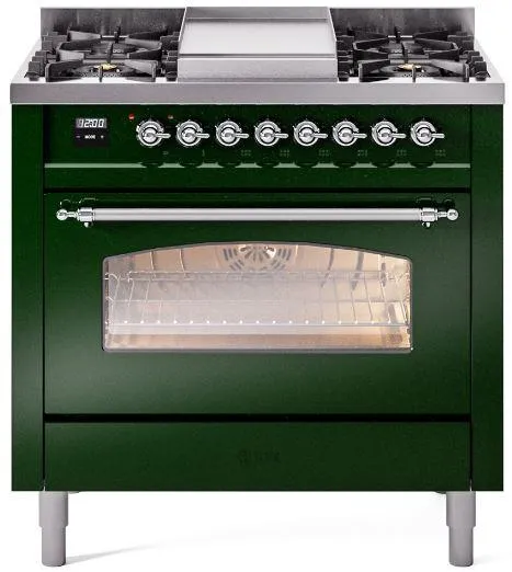 Ilve UP36FNMPEGCLP Nostalgie Ii 36 Inch Dual Fuel Liquid Propane Freestanding Range In Emerald Green With Chrome Trim Professional Ranges 6 burner professional gas range