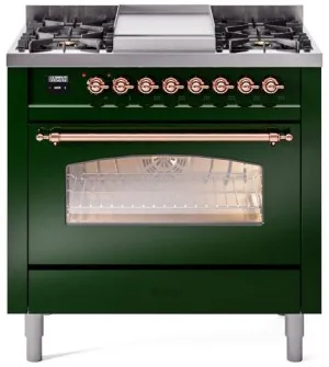 Ilve UP36FNMPEGPLP Nostalgie Ii 36 Inch Dual Fuel Liquid Propane Freestanding Range In Emerald Green With Copper Trim Professional Ranges 6 burner professional gas range