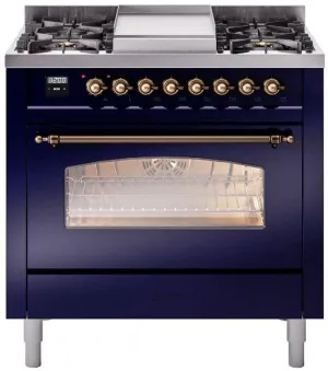 Ilve UP36FNMPMBB Nostalgie Ii 36 Inch Dual Fuel Natural Gas Freestanding Range In Blue With Bronze Trim Professional Ranges 6 burner professional gas range